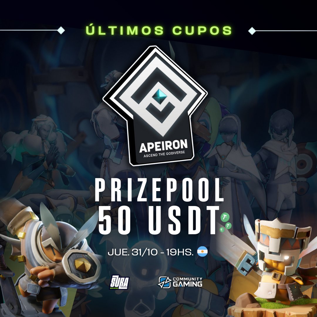 No te olvides que mañana es el torneo semanal de <a href="/ApeironNFT/">Apeiron</a> junto a <a href="/CommunityGaming/">Community Gaming</a> y <a href="/CGaming_LatAm/">Community Gaming LatAm</a>! ⭐

¡Animate a participar! 🥳

👉 Registrate: bit.ly/4e7DwX1
🗓️ Fecha: Jueves 31
⏲️ Hora: 19:00 HS
💸 Prizepool: 50 USDT

¡Que gane el mejor! 🎮

#web3 #sura #suraming