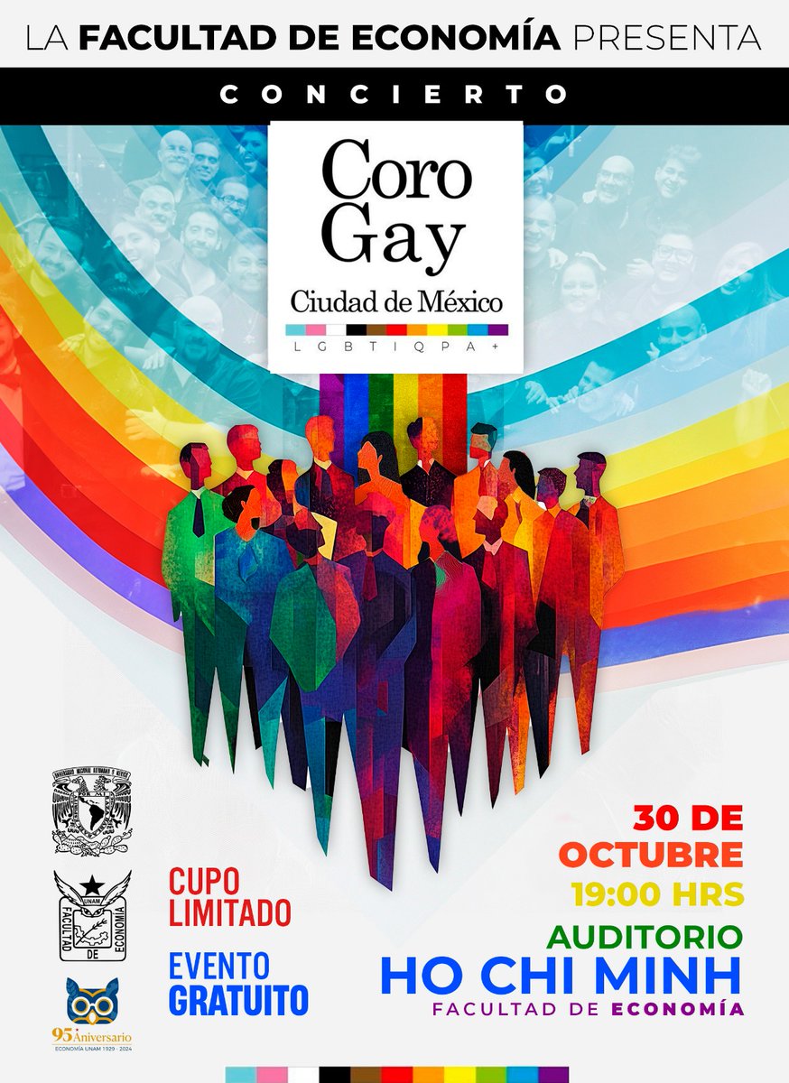 suayedEconomia's tweet photo. 🌈Hoy se presenta el @cgcdmx en la @FEconomiaUNAMof 🌈
Si asistes, te recomendamos llegar temprano ya que el cupo es limitado.
#CoroGay #LGBTQIA #ActividadesEconomía #UNAM https://t.co/xS6jDCKPcm