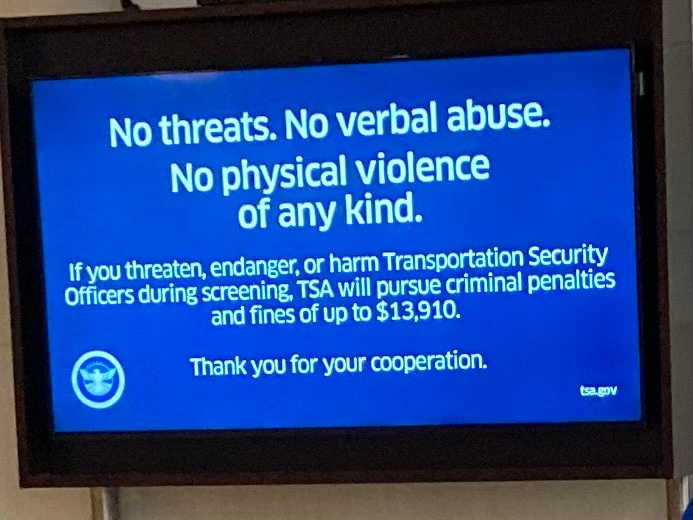 TSA_Pekoske's tweet photo. An unfortunate & persistent problem we’re seeing is unruly passengers. We’ve already seen over 1,400 disruptions this year, including physical assaults & threats to the safety of our officers, airline crew members, & other passengers. We’re working in collaboration with @FAANews & local law enforcement to enforce stricter penalties for unruly travelers. As we approach the holiday travel season, we remind everyone to be mindful of their fellow travelers & those working hard to make sure you get to your destination safely.