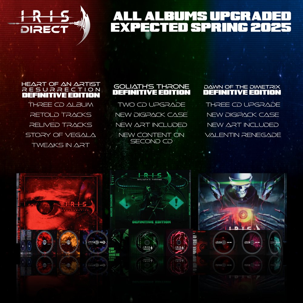 DAGamesOfficial's tweet photo. Announcing ALL IRIS albums will become definitive, some featuring brand new goodies! 

Announcements of new vendor and availability for orders Spring 2025

#IRIS #DawnOfTheDimetrix #HeartOfAnArtist #GoliathsThrone  #IRISDirect https://t.co/4Ynf4w1HY8