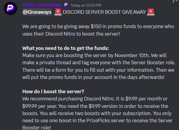 Blitz_Bets's tweet photo. $150 IN PROMO ON PRIZEPICKS 

Go boost the PrizePicks server and get $150 in promo funds!!!

Like/RT for awareness!! 👍

Link for FREE PrizePicks discord below 👇

#prizepicks #prizepickslocks #gamblingX