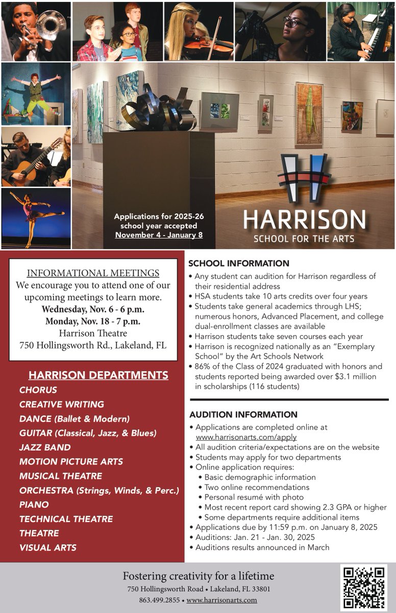 Information on how eighth-graders can apply to Harrison School for the Arts for the 2025-26 school year. Please see the flyer for details, all questions should be directed to HSA.