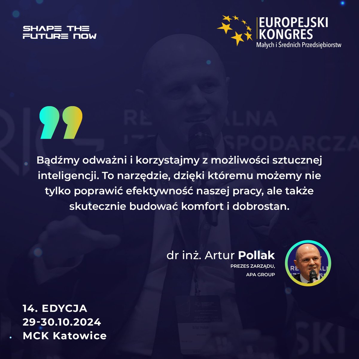Dr inż. Artur Pollak, Prezes APA Group, zachęca do odważnego korzystania z możliwości, jakie oferuje sztuczna inteligencja. Uważa, że to narzędzie pozwala nie tylko zwiększyć efektywność pracy, ale także skutecznie budować komfort i dobrostan.