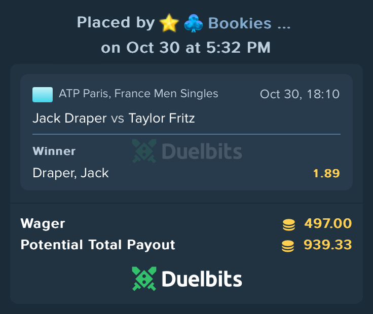BookiesBandits's tweet photo. 🔓 SEMI MAX PLAY UNLOCKED!

ATP Paris
🇬🇧 Jack Draper ML -111 (5%)

💚 Like to support

Always shoutout to @Duelbits 💚💚 https://t.co/faGekZeRus