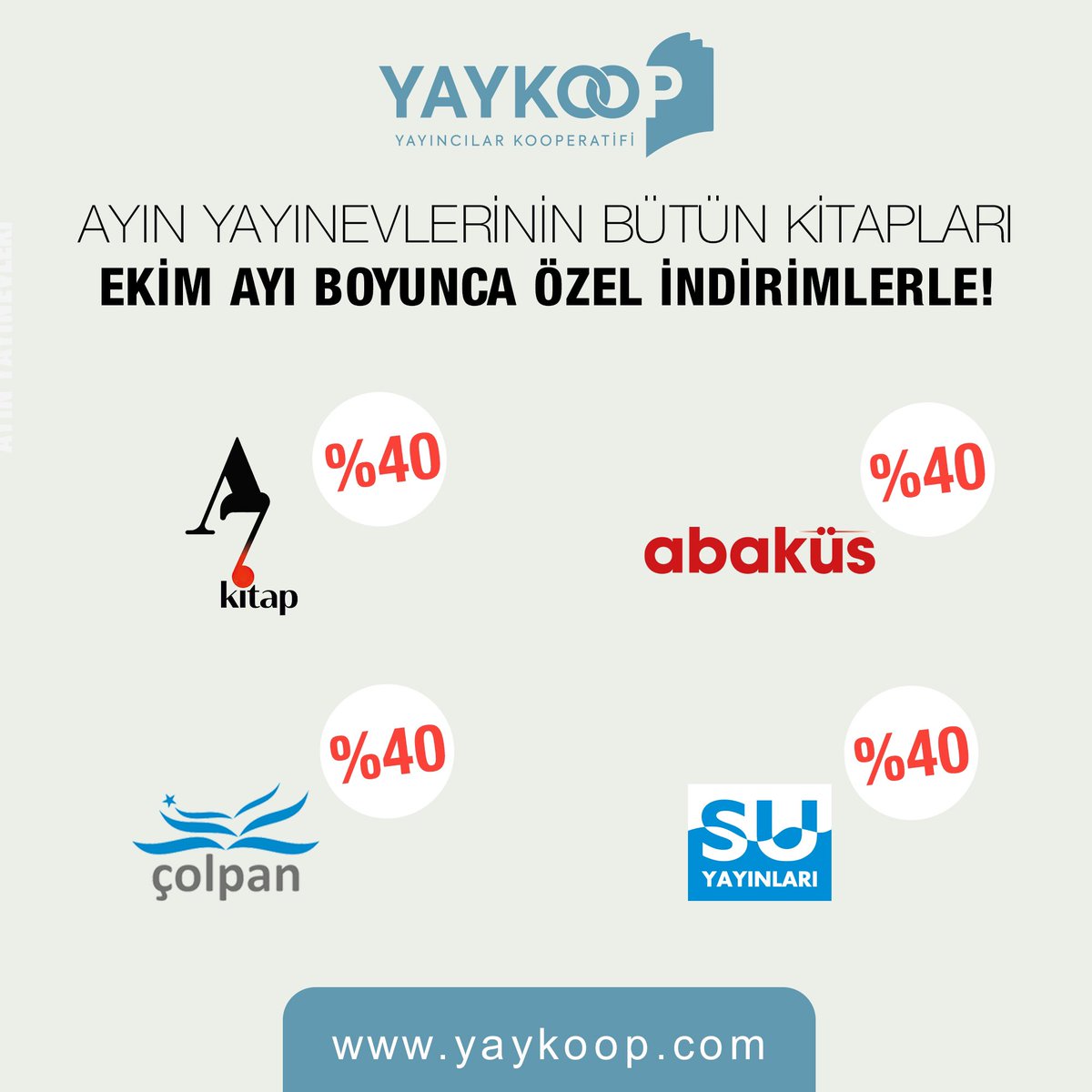 Yayıncılar Kooperatifi-YAYKOOP (@yayincilarkoop) on Twitter photo Ekim ayı boyunca yaykoop.com’dan A7 Kitap, Su Yayınları, Çolpan Kitap ve Abaküs Kitap’ın tüm kitaplarını %40 indirimle edinebilirsiniz!
<a href="/a7kitap/">A7kitap</a>
<a href="/suyayinevi/">suyayinevi</a>
<a href="/abakuskitap/">Abaküs Kitap</a>
<a href="/ColpanKitap/">Çolpan Kitap</a>
yaykoop.com/ayin-yayinevi Ekim ayı boyunca yaykoop.com’dan A7 Kitap, Su Yayınları, Çolpan Kitap ve Abaküs Kitap’ın tüm kitaplarını %40 indirimle edinebilirsiniz!
<a href="/a7kitap/">A7kitap</a>
<a href="/suyayinevi/">suyayinevi</a>
<a href="/abakuskitap/">Abaküs Kitap</a>
<a href="/ColpanKitap/">Çolpan Kitap</a>
yaykoop.com/ayin-yayinevi