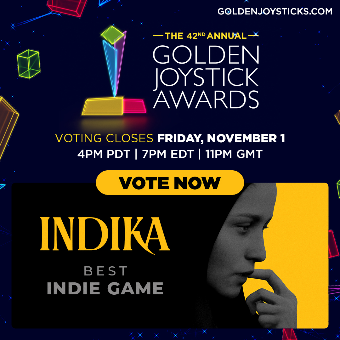 We're feeling blessed that #INDIKA is nominated for "Best Indie Game" in the 42nd #GoldenJoystickAwards 💛 

Thank you <a href="/GoldenJoysticks/">Golden Joysticks</a>!

Until November 1st, you shall vote for us here: goldenjoysticks.com