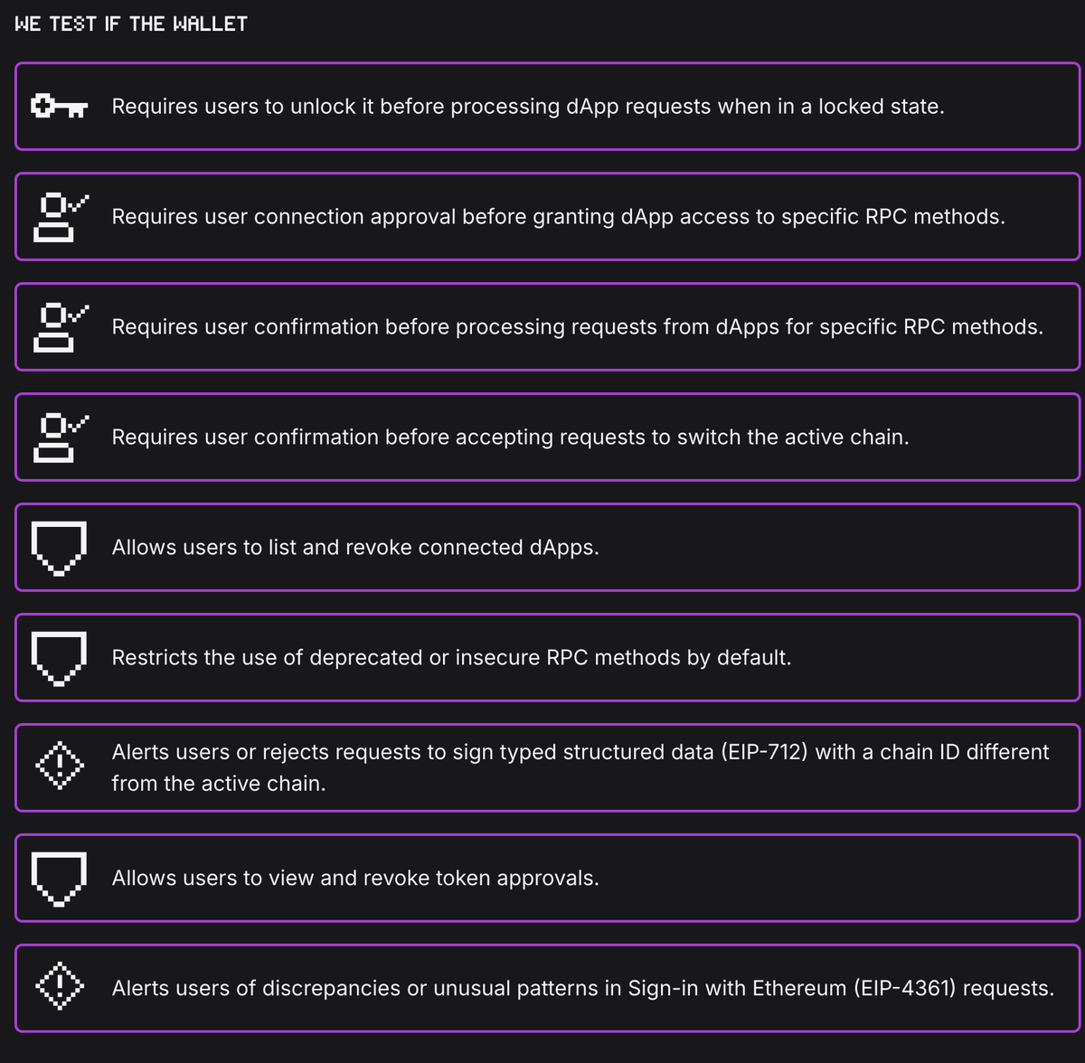 Originally, the plan was to not publish the specific tests to avoid any kind of gaming of the score. 

After feedback we realized more transparency is needed, so now you can know with quite some detail why a wallet scores how it scores.