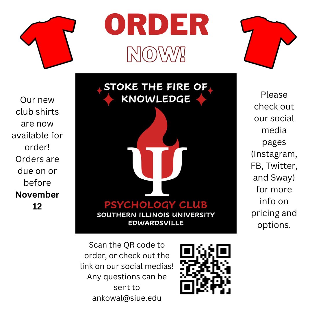 SIUEPsychClub's tweet photo. We are so excited to announce that our new club shirts are available for order! Payments are due by November 12th and can be made at the link in our bio. We can’t wait to see everyone in their Psych Club merch! 👕❤️ https://t.co/1CusP5syDI