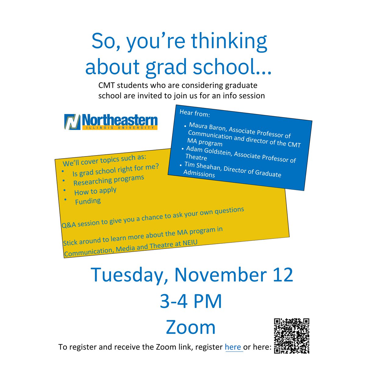 cmtneiu's tweet photo. Thinking about graduate school? CMT Students are invited to join the grad school session held by CMT faculty and NEIU graduate school admissions! Tune in November 12, 2024 from 3-4pm! See you there! The link is below to register and receive the Zoom link! https://t.co/ZAvaVCQWqI