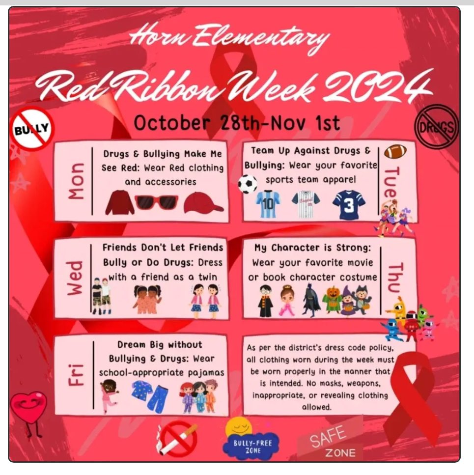 BusyCounselor's tweet photo. Red Ribbon Week Day 2: Today for @redribbonweek we wore our favorite team jerseys to show that Horn Cubs team up against Drugs and Bullying @Horn_Dreams_Big https://t.co/LFPl0HmxPj