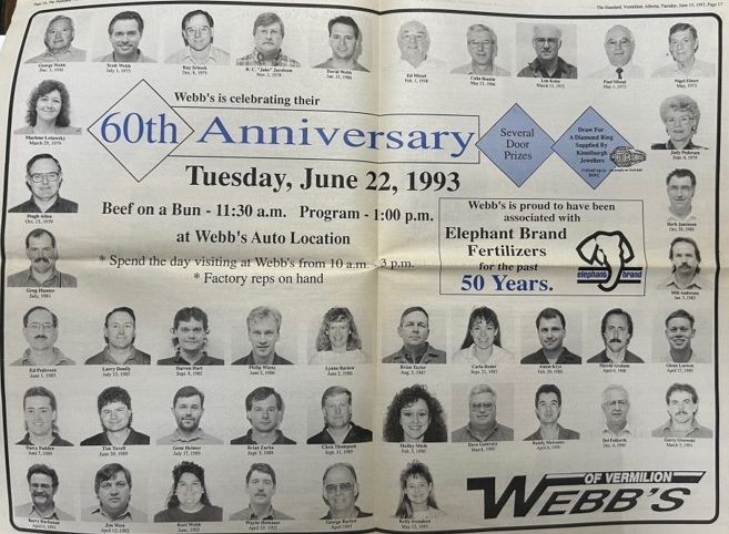 WebbsMachinery's tweet photo. Webb's Wednesdays
In June of 1993, we celebrated our 60th year in business. Take a close look at the ad we published in the paper. Do you recognize any of our employees? Believe it or not, we still have 8 of these wonderful employees working for us!
#webbsmachinery
#webbsford https://t.co/zPXOExgEny