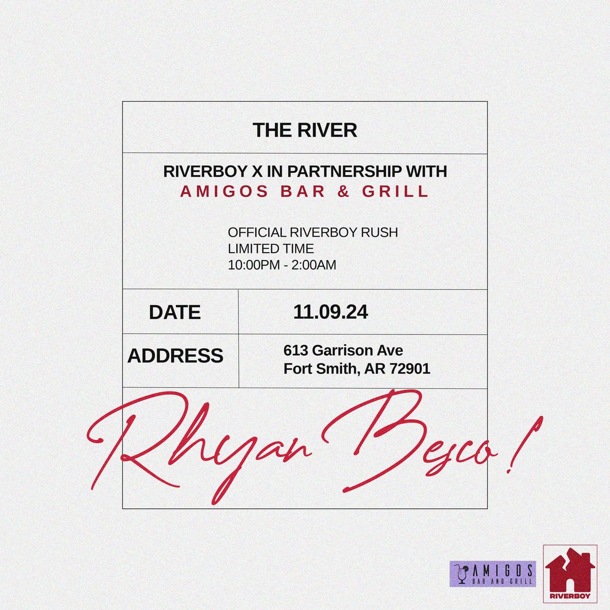 RiverBoy Activation 3:
Amigos Bar &amp; Grill
RiverBoy Rush 
11.09.24
Launch Event!
🏚️🥃