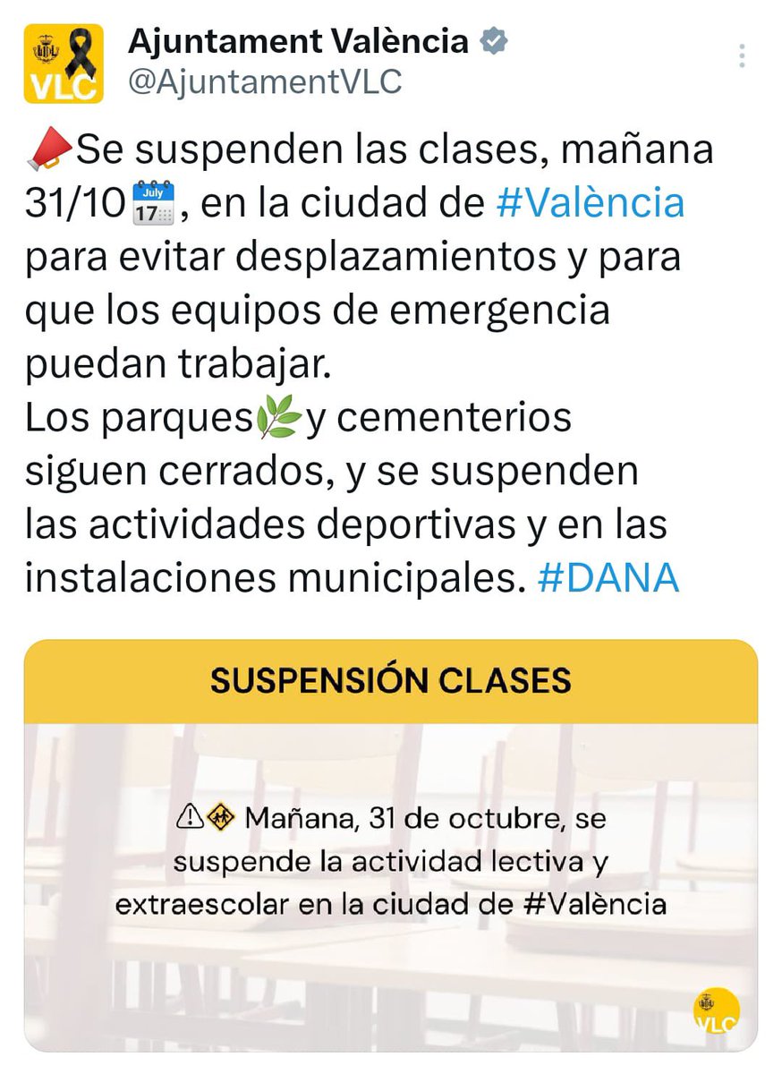 sjcalasanzvlc's tweet photo. COMUNICACIÓN URGENTE:
El Ayuntamiento de Valencia ha suspendido las clases mañana 31 de octubre. El colegio permanecerá cerrado. 
¡Mucho ánimo a todos! 
#sjcalasanzvlc https://t.co/SeXbpEsT8g
