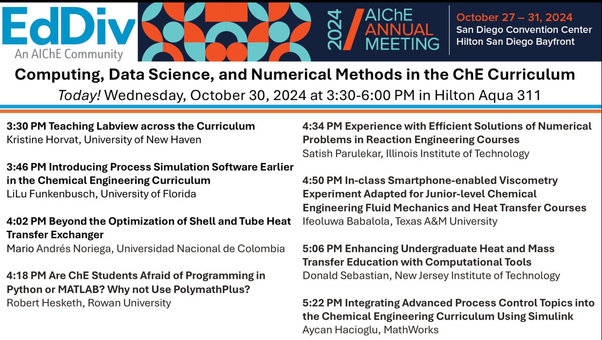 If you’re still at #AIChEAnnual, join me and LiLu at 3:30-6:00 pm to hear about different computing tools used throughout the ChemE curriculum! Hilton Aqua 311 💻

aiche.confex.com/aiche/2024/mee…