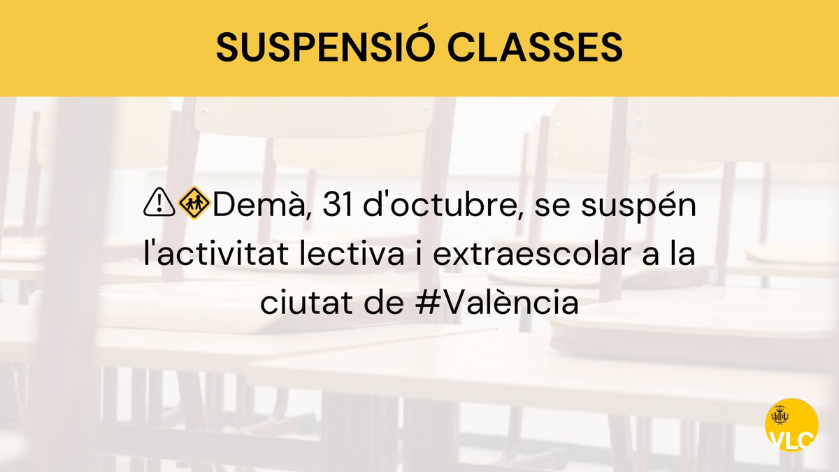 AjuntamentVLC's tweet photo. 📣Se suspenen les classes, demà 31/10🗓️, en la ciutat de #València per a evitar desplaçaments i perquè els equips d'emergència puguen treballar.
Els parcs i jardins🌿, i cementeris seguixen tancats, i se suspenen les activitats esportives i en les instal·lacions municipals. #DANA https://t.co/szGlyN8oms