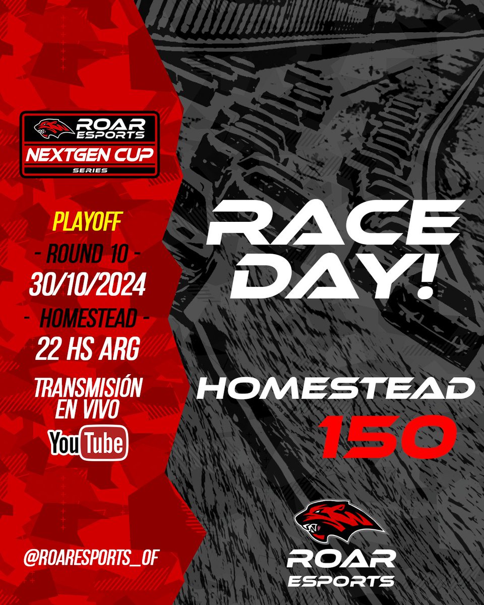 #ROARCUP 🔥NEXT GEN CUP - ROUND 10 - PLAYOFF🔥
Hoy HOMESTEAD para una nueva fecha del PLAYOFF🔥     

Broadcast / VIVO 👏   youtube.com/live/uGObhxlgy…     

#iRacing #Oval #NASCAR #enascar #Simracing