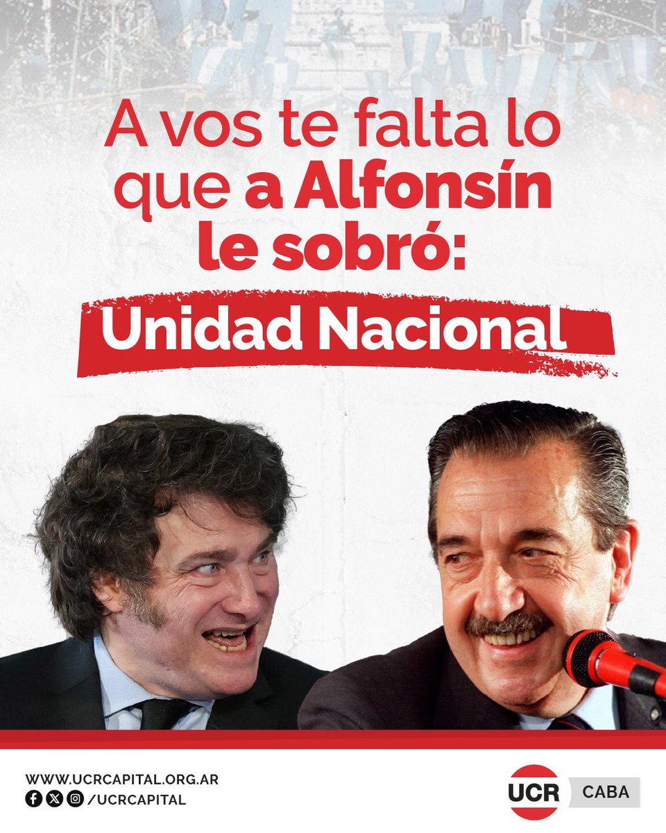 UCRCapital's tweet photo. La historia recuerda a los grandes hombres y olvida a quien divide a la sociedad de manera premeditada. 

Esa es la diferencia entre Alfonsín y muchos otros.

30 de Octubre, aniversario de la democracia recuperada en base al diálogo y consenso. 

Le falta mucho Sr. Javier Milei. https://t.co/yW9OVTSFqi
