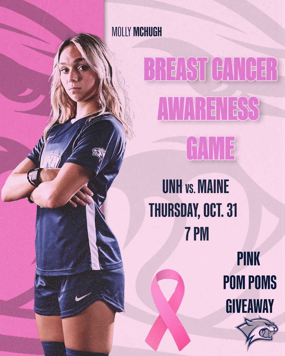UNHWSOC's tweet photo. The ‘Cats face first-place Maine on Thursday, Oct. 31 with the regular season championship on the line! It will also serve as Breast Cancer Awareness night.

Game Day Central ➡️ https://t.co/hEynOUplcn
Donate to the cause ➡️ https://t.co/x2LdfkBoKd

#BeTheRoar https://t.co/DGdc7H9tqX