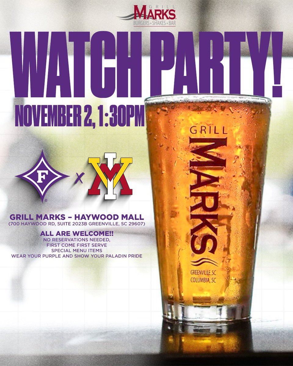 Come on out to Grill Marks and cheer on <a href="/PaladinFootball/">Furman Football</a> while you enjoy great company and food!

#FUAllTheTime | #EliteIsTheStandard