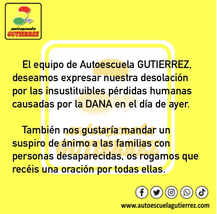 AEGUTIERREZ's tweet photo. El equipo de Autoescuela GUTIERREZ, deseamos expresar nuestra desolación por las insustituibles pérdidas humanas causadas por la DANA en el día de ayer. https://t.co/SJaZKv5Rdz