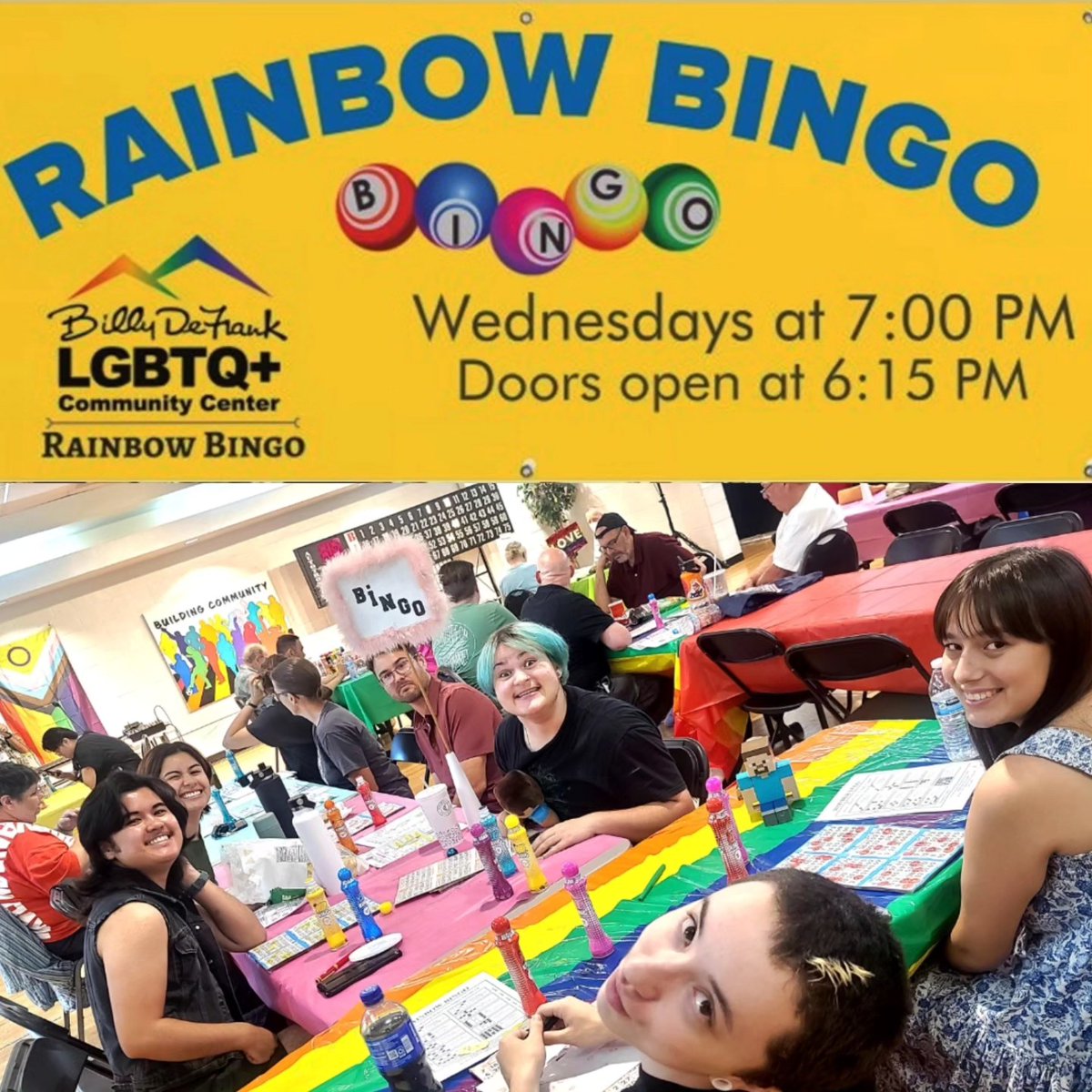 DeFrankLGBTQ's tweet photo. IT IS HALLOWEEN RAINBOW BINGO TONIGHT!!
Everyone is a winner at #Rainbow #Bingo at the #pBillyDeFrank Center every Wednesday night at 7pm - gates at the back of the parking lot open at 6:15pm. It is only $15 for 10 games, Cherry Bells and snacks, prizes and PS: Fun! #cherrybells https://t.co/VoXOJaPW2V