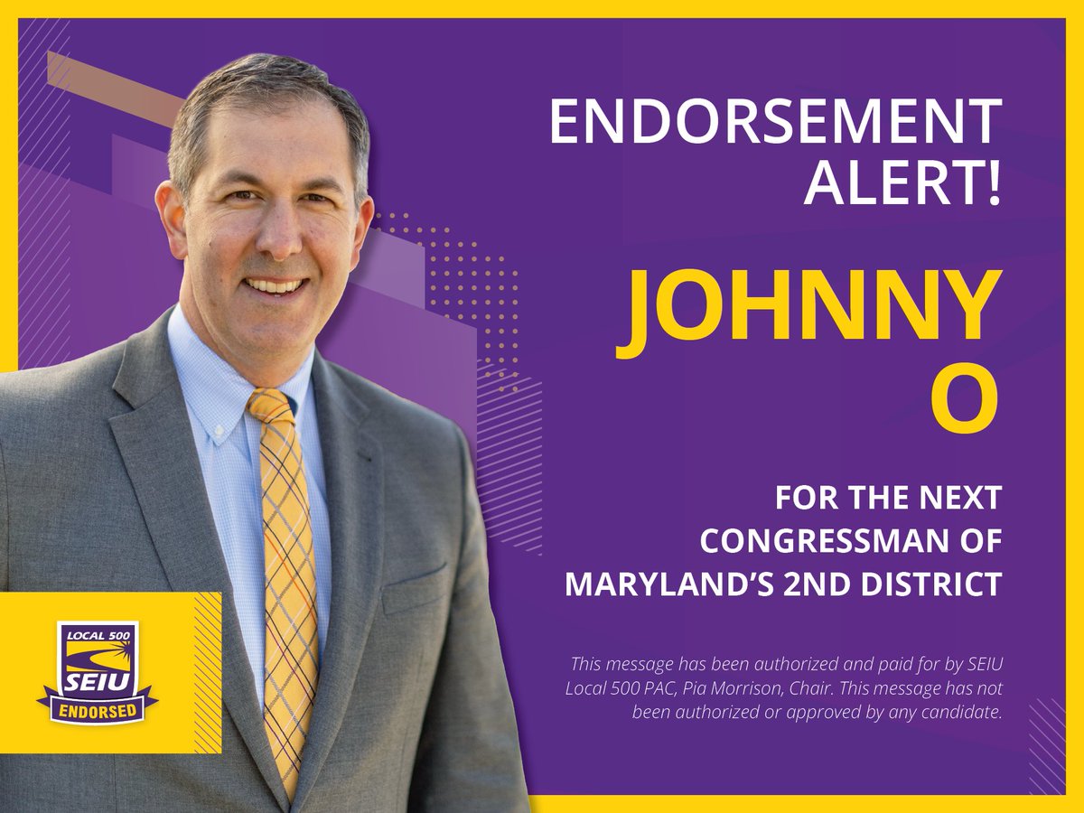 SEIU500's tweet photo. From the classroom to the County Executive’s office, @JohnnyOJr has always fought for our community. He’s raised wages, closed budget gaps & led the way for a more progressive Baltimore County. Let’s send him to Congress to keep delivering for working families! #VoteJohnnyO https://t.co/DvsgdKIZN5