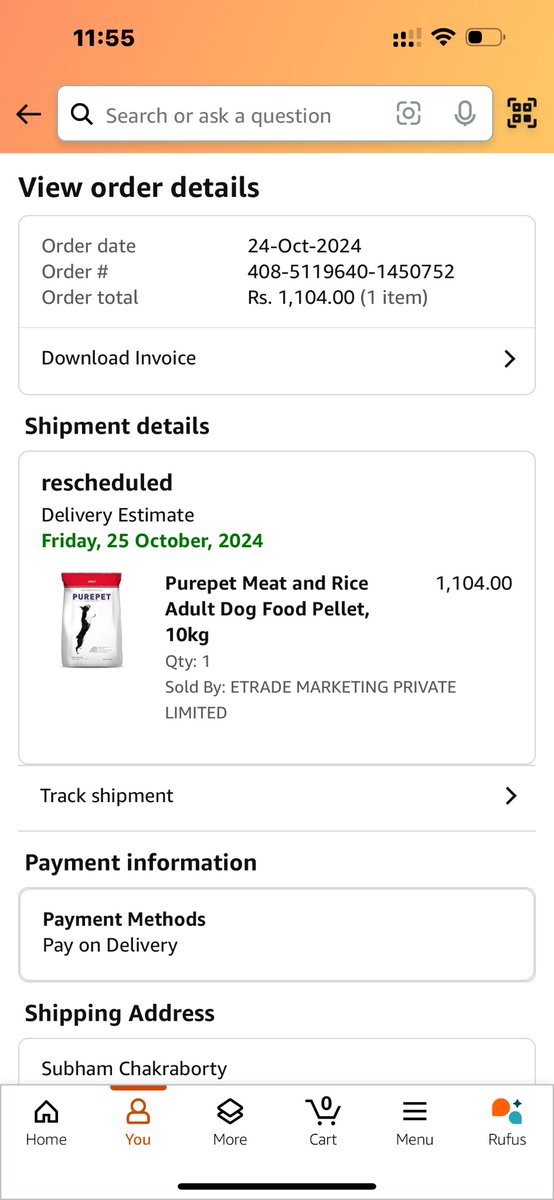 livesubham's tweet photo. Shame on you @amazonIN 
Its been almost 7 days still didn’t receive my older from the delivery date,if it’s a electronic gadgets or clothes I can wait few days,but it’s pack of dog food I have to feed my dog.
Place try to understand 🙏🏻
@jagograhakjago help https://t.co/4XUyMWgoNK