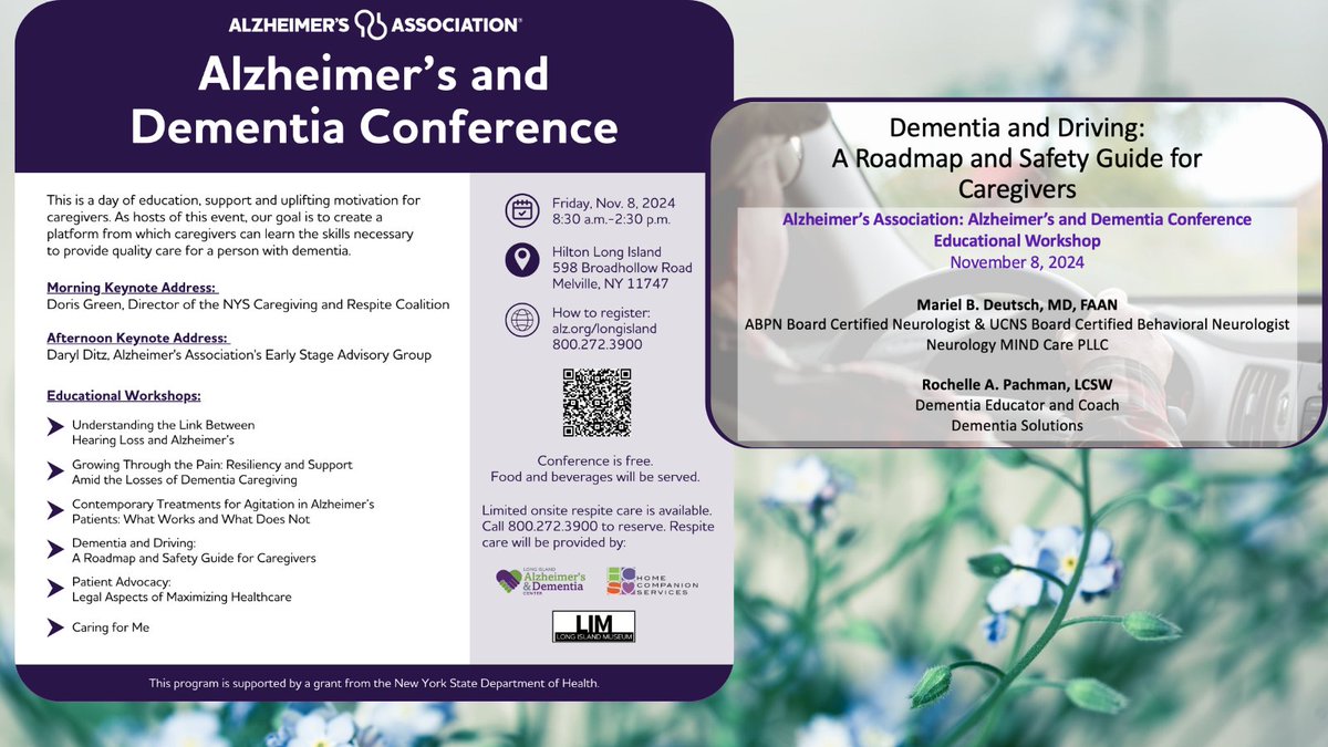 NeuroMINDcare's tweet photo. Join us Fri 11/8 at the @alzlongisland Alzheimer’s and Dementia Conference. Rochelle Pachman and I will be presenting a workshop on “Dementia and Driving: A Roadmap and Safety Guide for Caregivers”.
#dementia https://t.co/rE99LatlAx