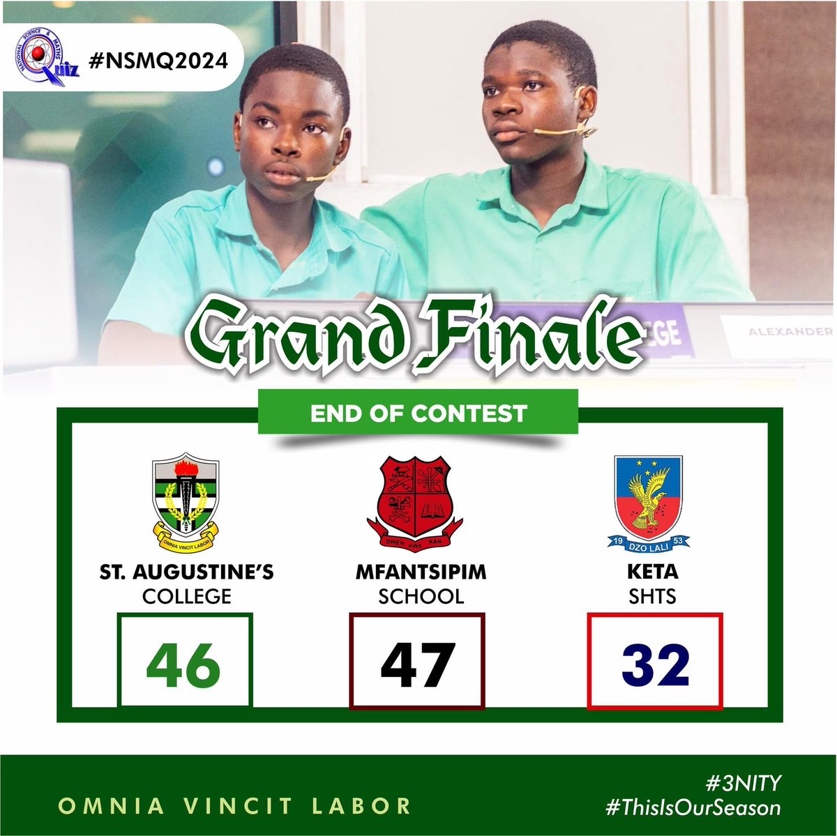 ShillaTawfik's tweet photo. Congratulations to our boys for their fighting spirit!
It's still our season, and the #3NITY, although deferred, shall be fulfilled, definitely!
#AUGUSCO #NSMQ2024 #NSMQFinals https://t.co/VinpyuyDGB