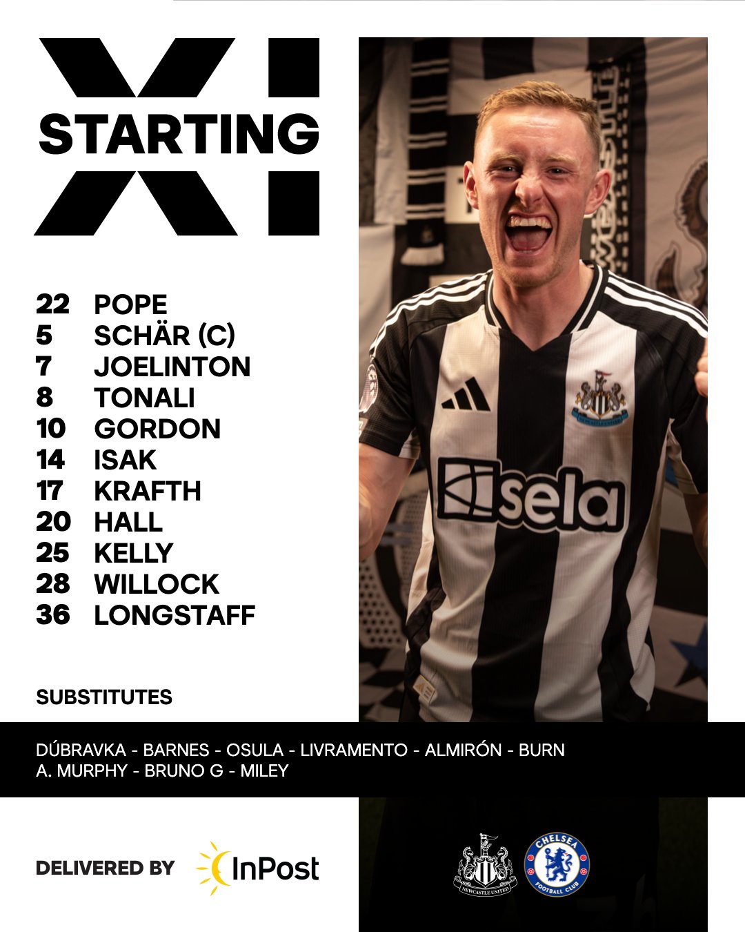 Newcastle United v Chelsea: Pope, Schär, Joelinton, Tonali, Gordon, Isak, Krafth, Hall, Kelly, Willock, Longstaff