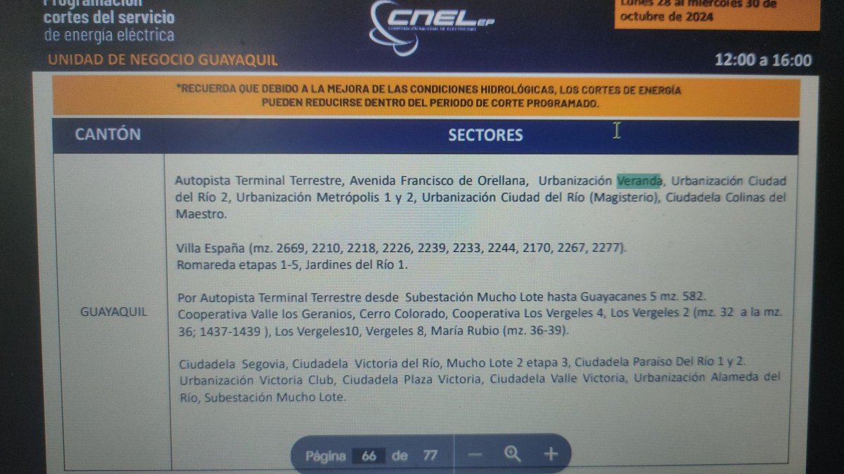 fsojos82's tweet photo. Vamos a ver si este horario si se cumple @OperadorCenace @CNEL_EP o si sigue siendo pura mentira, también se nos fue de 4 a 6am y su cronograma no lo dice #SinLuz #hastacuando https://t.co/OaxTRNBnc8