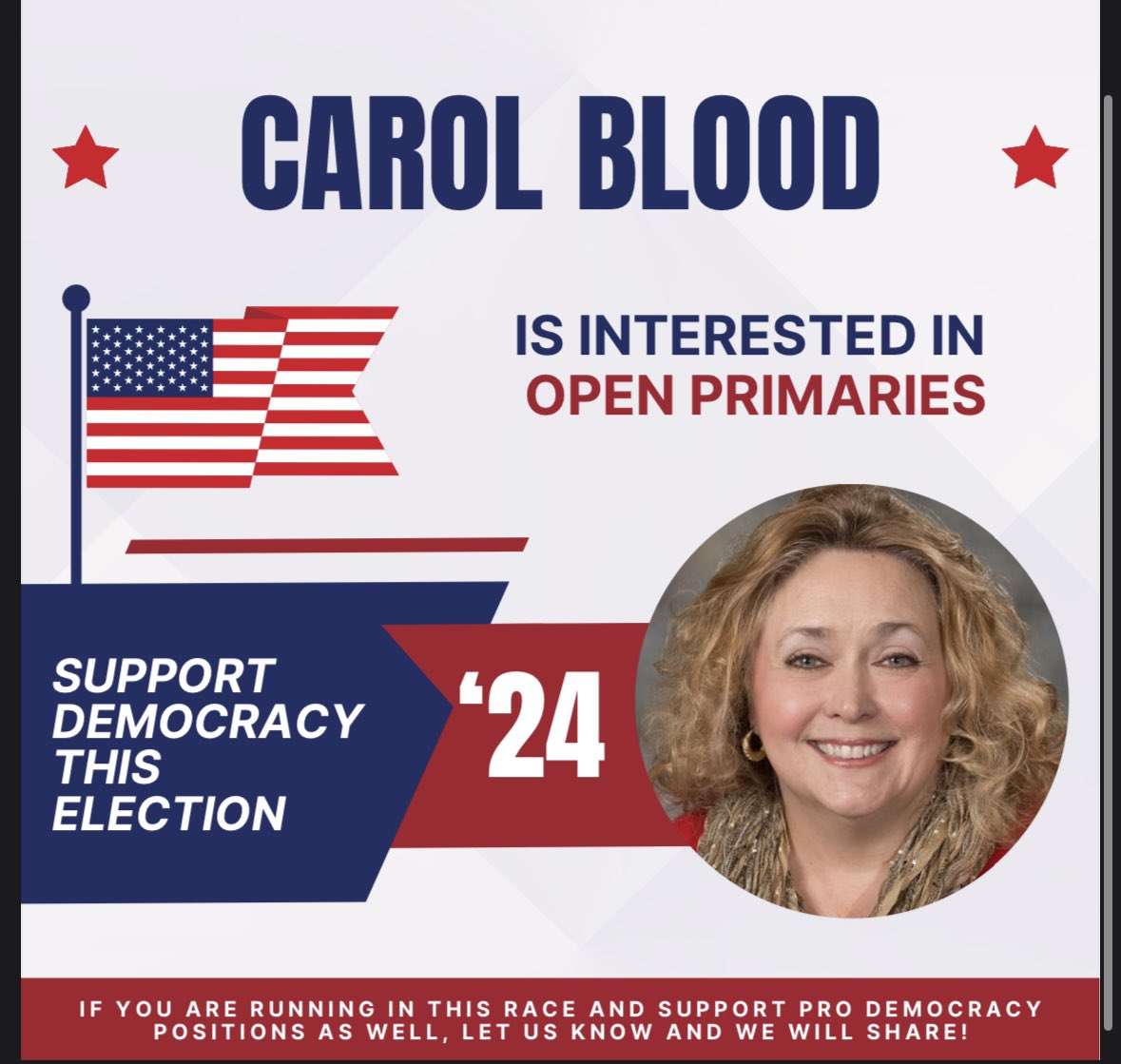 rep_us_omaha's tweet photo. Carol Blood supports democracy in this election. We're counting on you to support it too. Make your voice heard this election by voting for the candidates that vote in your best interest. @senatorblood #electionday2024 #nebraska https://t.co/zVglK66NOh
