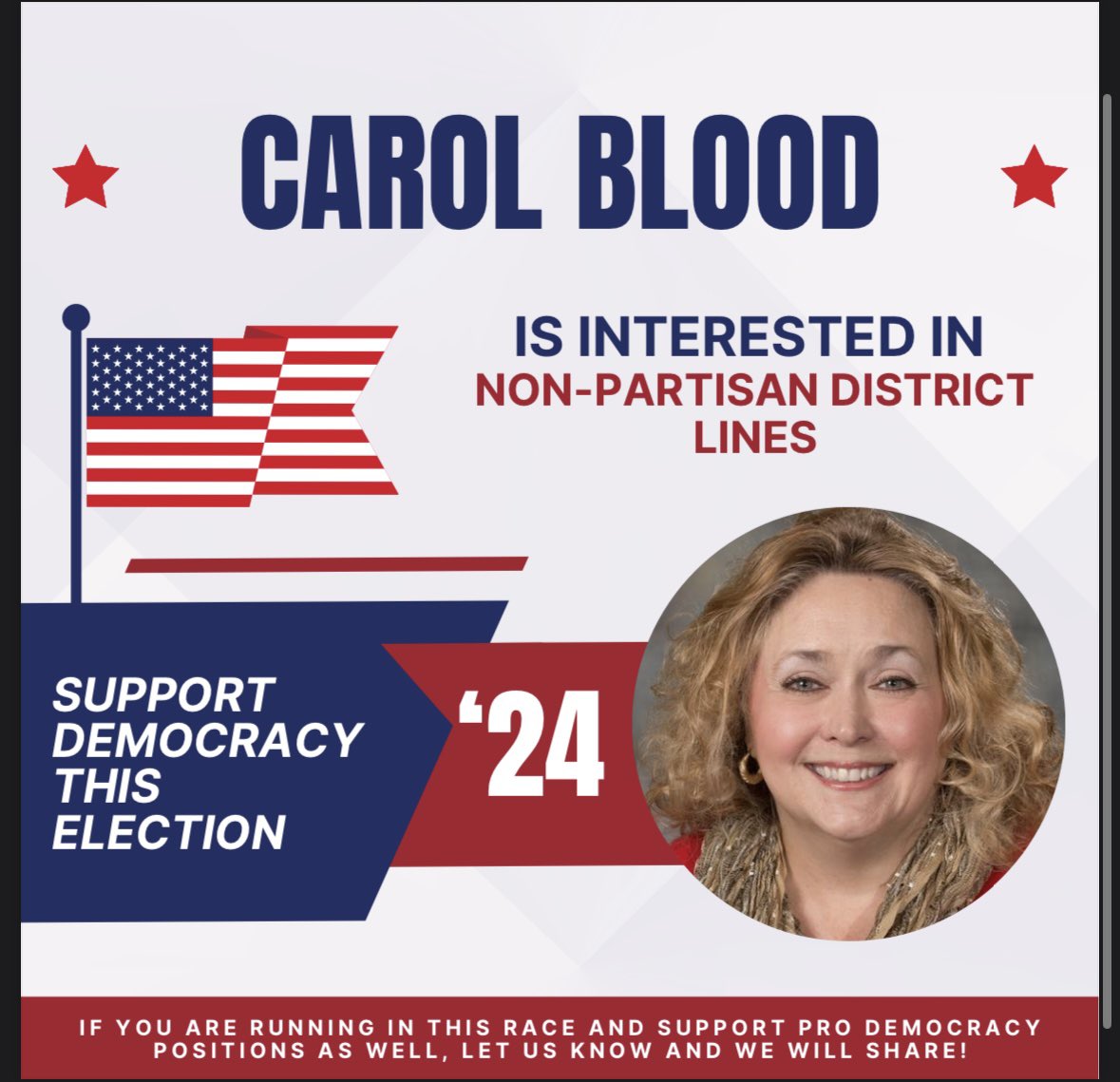 rep_us_omaha's tweet photo. Carol Blood supports democracy in this election. We're counting on you to support it too. Make your voice heard this election by voting for the candidates that vote in your best interest. @senatorblood #electionday2024 #nebraska https://t.co/zVglK66NOh