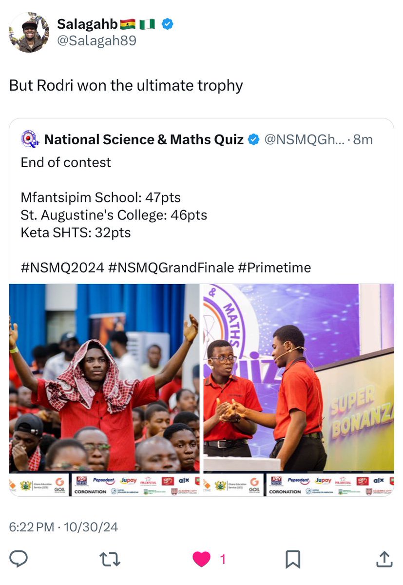 Salagah89's tweet image. BOTWE NA ONE OOO!!!!!!!! 🔴⚫️🔴⚫️🔴⚫️#botwe #NSMQFinals
