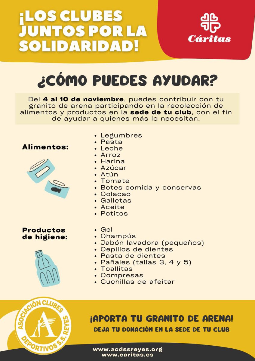 En el Club Balonmano Sanse nos unimos a una campaña solidaria para ayudar. Puedes colaborar trayendo alimentos o productos a nuestra sede.

Horario de donaciones:  
- Lunes a viernes: tardes  
- Fin de semana: mañana y tarde  

¡Gracias por tu apoyo!