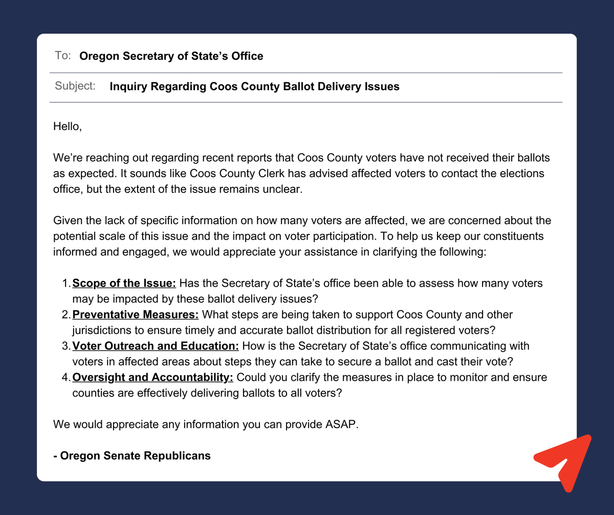 ORSenateGOP's tweet photo. 🚨 Important update: We’ve reached out to the @OregonSOS’s office regarding the troubling reports of missing ballots for Coos County voters. Our constituents deserve transparency &amp; answers on this critical issue.

We’ll keep you updated as to their response. https://t.co/LadiuDcQve