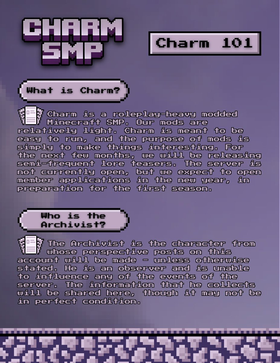 thecharmsmp's tweet photo. Welcome to the Charm SMP! We invite you to come and observe the horrors — we mean, the delights of our world. A pantheon (at least, what remains of it) awaits you…

#minecraft #charmsmp https://t.co/mlItp6lYgl