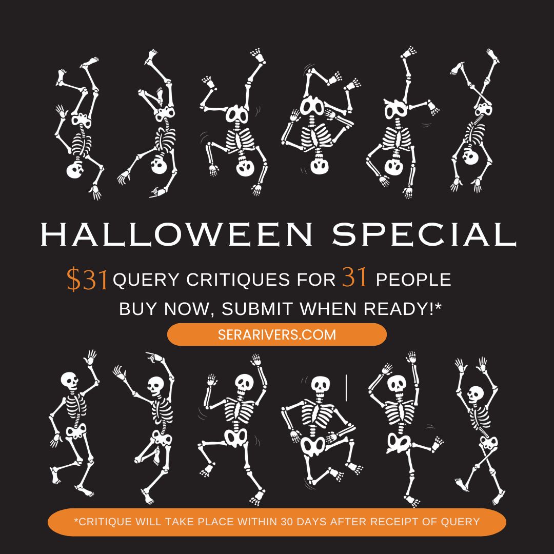 writeloudly's tweet image. HAPPY HALLOWEEN! To celebrate my fave season, I'm offering $31 #query #critiques to 31 people. Purchase now, submit when ready! May also give as a gift. Grab a spot before they're gone! Sign up at serarivers.com #amquerying #literaryagent