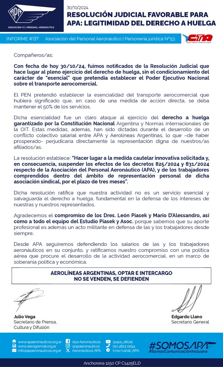 diego_domi's tweet photo. AHORA y en un día de paro de transporte. La justicia dio lugar a la cautelar presentada x @APAERONAUTICOS y garantiza el derecho a huelga sin servicios mínimos. La actividad no es esencial @AleRamosTN @motoreco_ok @jotaleonetti @LANACION @MundoAeropuerto @CATT_Prensa @CTAok https://t.co/RLHQvArUux