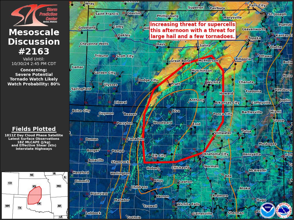 KOCOMichael's tweet image. Tornado watch likely in the areas outlined in red. Treat today like it’s May. #okwx #KOCO5