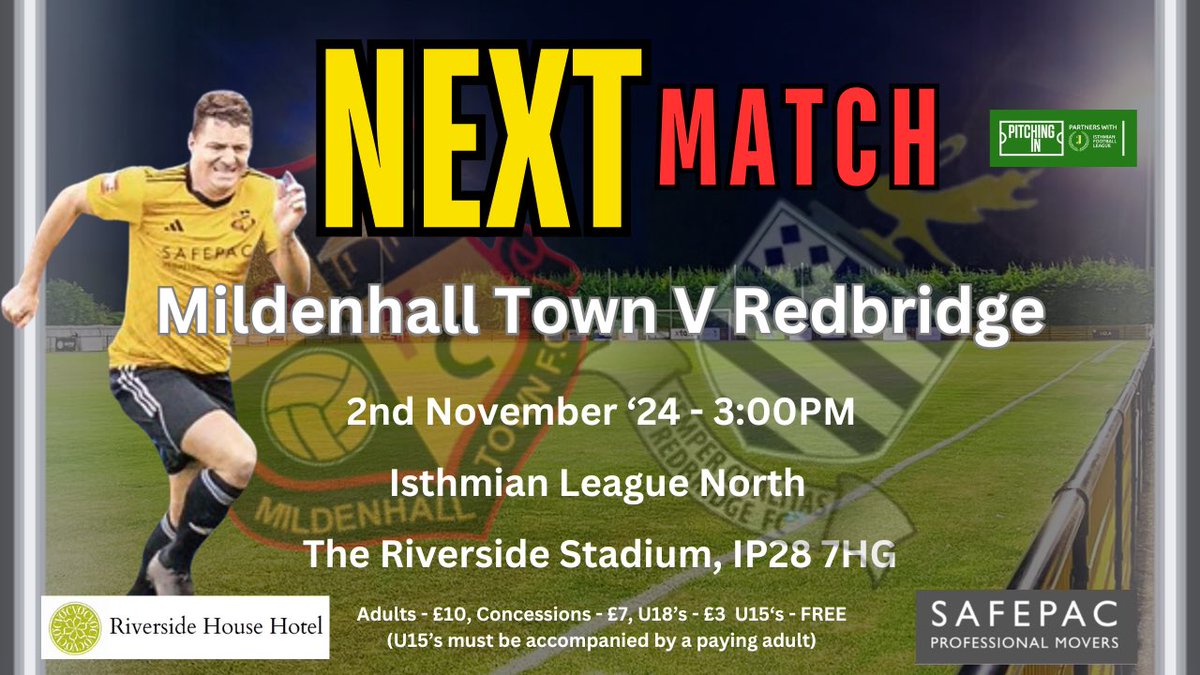 Mildenhall Town FC (@mildenhalltown) on Twitter photo Back in <a href="/IsthmianLeague/">The Pitching In Isthmian League</a> North action this weekend as we welcome <a href="/TheMotormen/">Redbridge Football Club</a> to the Riverside Stadium this Saturday
Get along and support the boys
#upthehall Back in <a href="/IsthmianLeague/">The Pitching In Isthmian League</a> North action this weekend as we welcome <a href="/TheMotormen/">Redbridge Football Club</a> to the Riverside Stadium this Saturday
Get along and support the boys
#upthehall