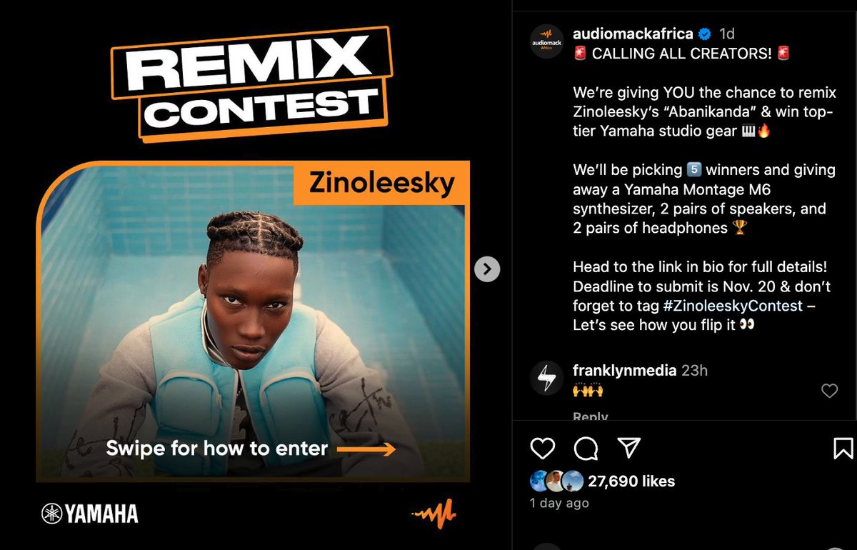 Z (@brianzisook) on Twitter photo We launched a remix contest on Tuesday with Nigerian sensation <a href="/zinoleesky01/">zinoleesky</a>. The announcement post generated 27,000 likes (!) and more than 2,600 shares. If it wasn't already obvious, the derivative content economy is booming—artists, lean in! We launched a remix contest on Tuesday with Nigerian sensation <a href="/zinoleesky01/">zinoleesky</a>. The announcement post generated 27,000 likes (!) and more than 2,600 shares. If it wasn't already obvious, the derivative content economy is booming—artists, lean in!