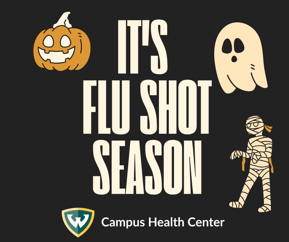 Our last on-campus flu clinic of the season is Thursday, October 31st at the WSU Bookstore. Appointments are filling up fast. Go to health.wayne.edu to schedule yours. 👻🎃🦇