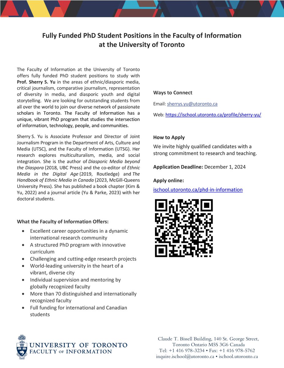 University of Toronto Faculty of Information (@uoftinfofaculty) on Twitter photo The Faculty of Information <a href="/UofT/">University of Toronto</a> offers fully funded PhD student positions to study w. Prof. Sherry S. Yu in ethnic/diasporic media, critical journalism, representation of diversity in media, and diasporic youth & digital storytelling. Deadline Dec. 1: ischool.utoronto.ca/phd-in-informa… The Faculty of Information <a href="/UofT/">University of Toronto</a> offers fully funded PhD student positions to study w. Prof. Sherry S. Yu in ethnic/diasporic media, critical journalism, representation of diversity in media, and diasporic youth & digital storytelling. Deadline Dec. 1: ischool.utoronto.ca/phd-in-informa…