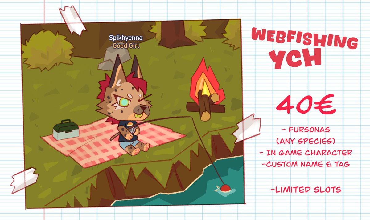 #WEBFISHING YCH🐠🐠

🔸Multislot YCH, 40€
🔸Any species, fursona or in game character

DM me or comment below to claim!!