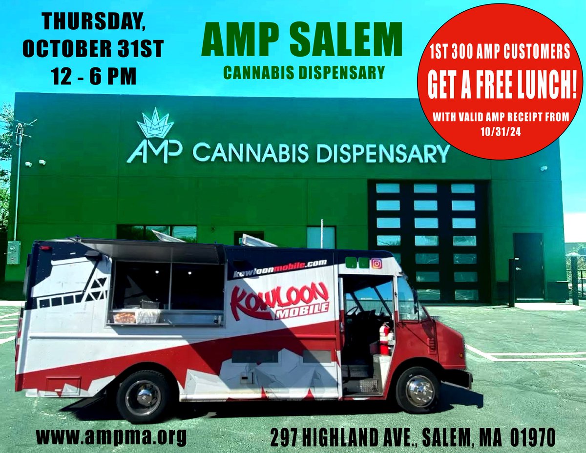 KowloonMobile's tweet photo. THURSDAY, OCTOBER 31ST 12 - 6 pm!! Visit the North Shore's Cannabis Dispensary, AMP SALEM and enjoy Kowloon on the house! The 1st 300 AMP customers will get a free lunch with valid AMP receipt from 10/31/24!
Click on https://t.co/IMz33C1RbB…
for pre-orders and menu details! https://t.co/1aor8OZrpO
