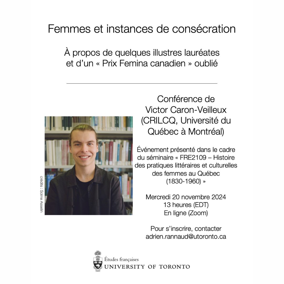 📢 [CONFÉRENCE] Adrien Rannaud (CRILCQ, University of Toronto) recevra Victor Caron-Veilleux (CRILCQ, <a href="/UQAM/">UQAM | Université du Québec à Montréal</a>) pour la conférence « Femmes et instances de consécration ».

📅 20 novembre 2024, 13h
📍 En ligne

Infos 👇
crilcq.org/actualites/con…

#communautéFRQ #littqc #CultureQc
