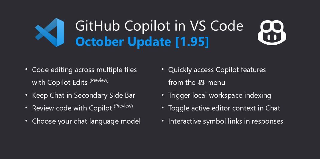 Visual Studio Code (@code) on Twitter photo Big updates to GitHub Copilot in the latest <a href="/code/">Visual Studio Code</a> release. Here’s what you need to know… 🧵
code.visualstudio.com/updates/v1_95#… Big updates to GitHub Copilot in the latest <a href="/code/">Visual Studio Code</a> release. Here’s what you need to know… 🧵
code.visualstudio.com/updates/v1_95#…