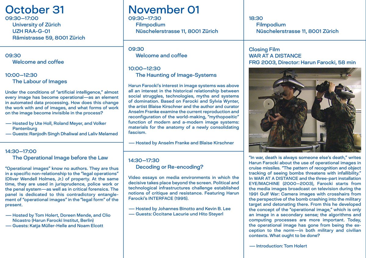 Ranjodh Singh Dhaliwal (@ranjodhd) on Twitter photo Tomorrow, in Zurich, you can catch this exciting crew, featuring, among others, <a href="/bildoperationen/">Roland Meyer is @bildoperationen.bsky.social</a>, Volker Pantenberg, Ute Holl, Estelle Blaschke, Laliv Melamed, Noam Elcott, Hito Steyerl, Anselm Franke, and also yours truly discussing 'Tracking and Tracing the Image after Farocki' Tomorrow, in Zurich, you can catch this exciting crew, featuring, among others, <a href="/bildoperationen/">Roland Meyer is @bildoperationen.bsky.social</a>, Volker Pantenberg, Ute Holl, Estelle Blaschke, Laliv Melamed, Noam Elcott, Hito Steyerl, Anselm Franke, and also yours truly discussing 'Tracking and Tracing the Image after Farocki'