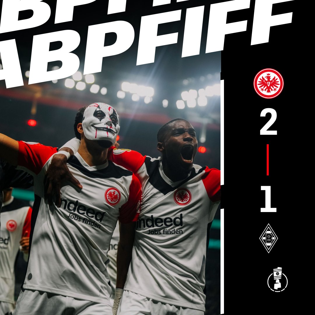 Eintracht's tweet photo. SCHLUSS! AUS! Achtelfinale!!! ❤️‍🔥
–––––
⏹️ 90. | #SGEBMG 2:1 | #SGE | #DFBPokal https://t.co/WBKsghO7Cd